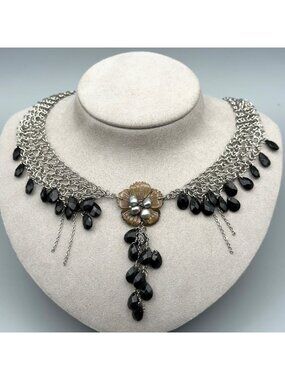 Statement Bib Fringe Necklace Black Faceted Drops Mother of Pearl Boho